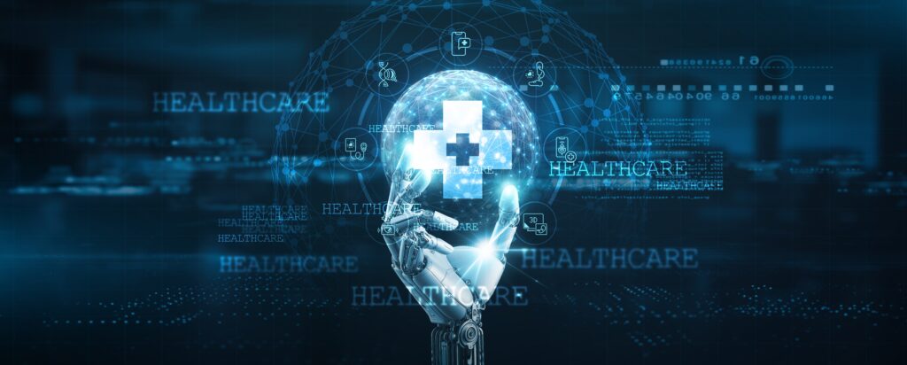 A robotic hand holding a glowing globe with a healthcare cross symbol, surrounded by interconnected healthcare-related icons and digital network graphics, symbolizing technology and innovation in healthcare.