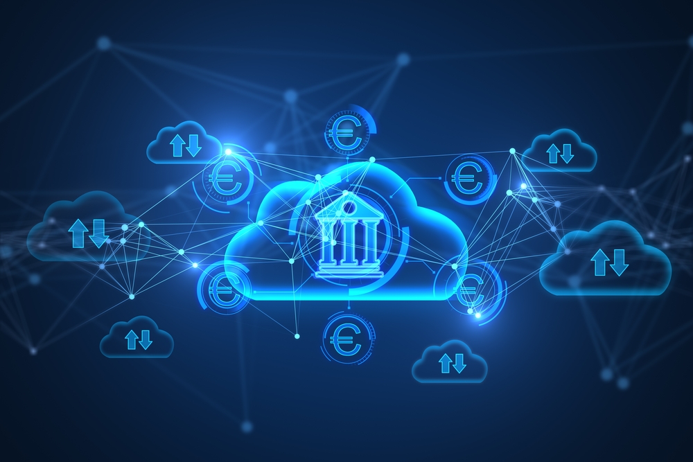 Digital cloud computing network for financial institutions with euro currency symbols, cloud storage icons, and data exchange nodes representing secure cloud banking and FinOps optimization.
