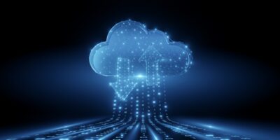 Digital cloud icon with upload and download symbols representing BCBS cloud compliance, secure data exchange, and scalable healthcare cloud infrastructure and BCBS cloud compliance.