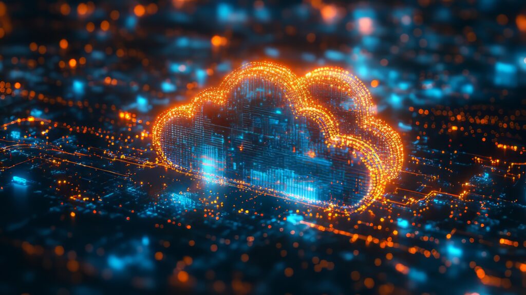 Digital cloud network glowing with data connections, symbolizing the democratization of AI and multi-cloud strategies transforming healthcare IT and cloud security.