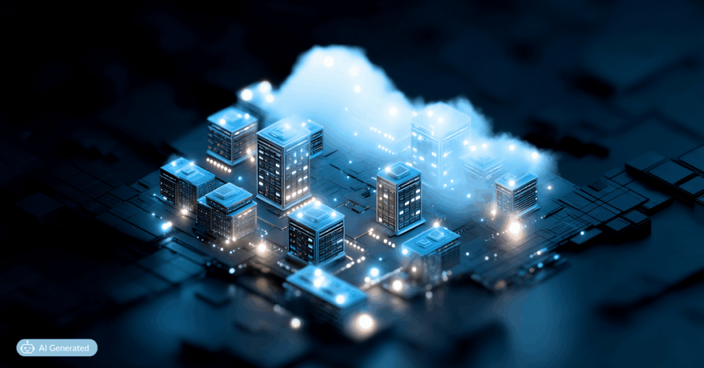 Futuristic 3D illustration of a digital cityscape emerging from a glowing cloud, symbolizing cloud modernization, data integration, and scalable digital infrastructure. The illuminated buildings and circuit-like base represent cloud computing, modernization, and advanced architecture for secure, connected enterprise systems.
