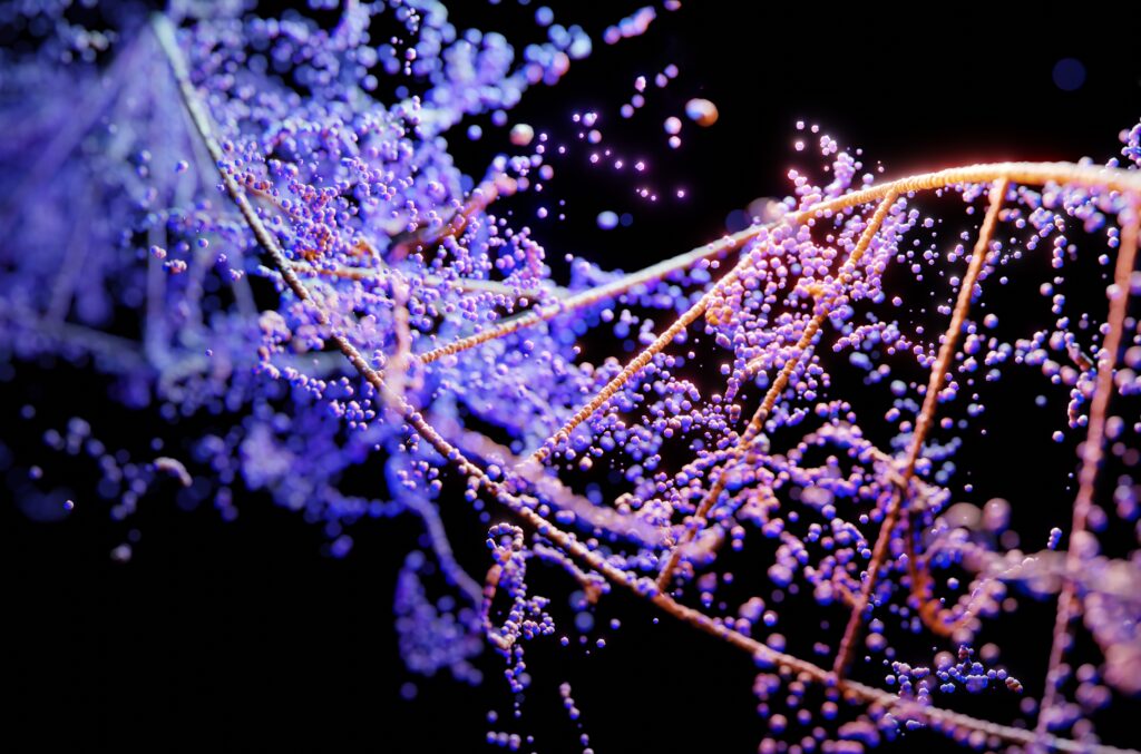 3D visualization of a DNA double helix with glowing molecular particles, symbolizing genomic data, precision medicine, and the need for advanced cybersecurity in healthcare and life sciences.