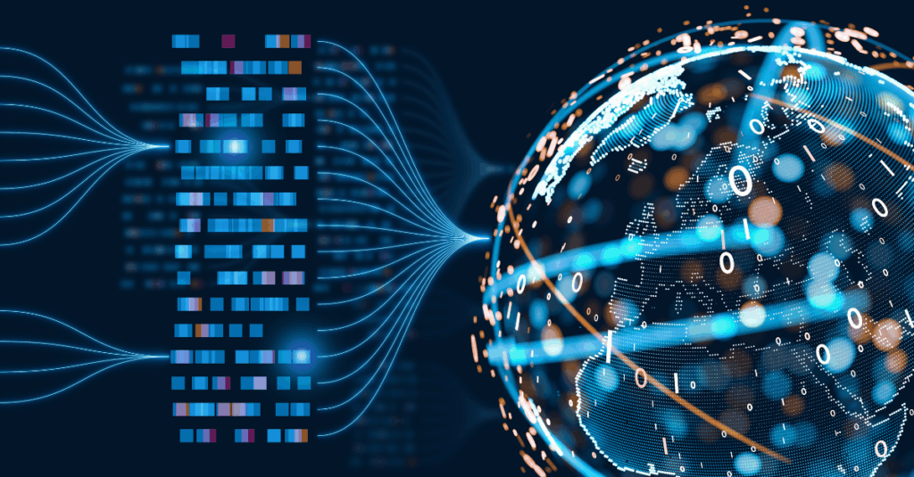 Digital data streams converging into a glowing global network sphere, symbolizing modern cloud infrastructure and innovative VMware alternatives for healthcare and enterprise organizations.