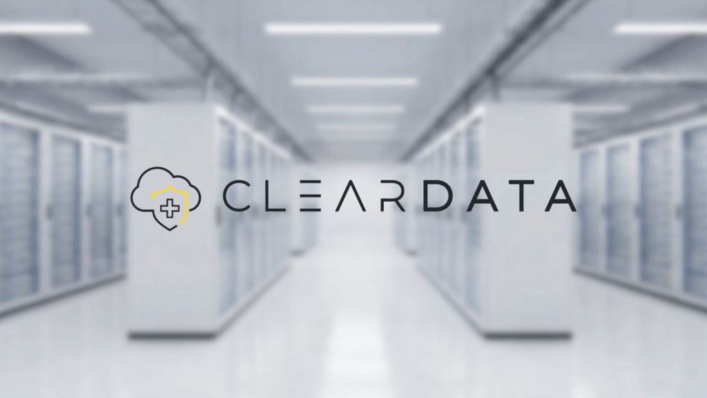 ClearDATA logo displayed over a secure healthcare data center, representing HIPAA-compliant cloud security and protected healthcare infrastructure.