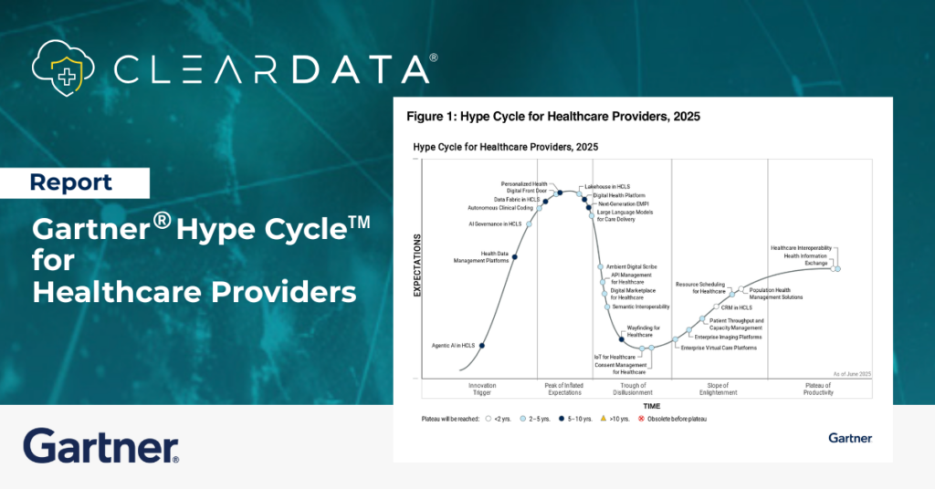 Gartner hype cycle for healthcare providers showing emerging healthcare technologies and digital health innovations across the 2025 maturity curve.