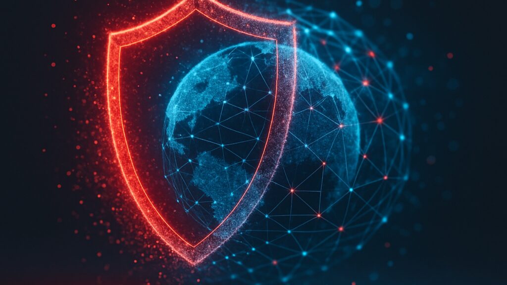 healthcare ransomware prevention concept with secure multi-cloud infrastructure, digital shield protecting global network, cloud security for healthcare systems and PHI protection