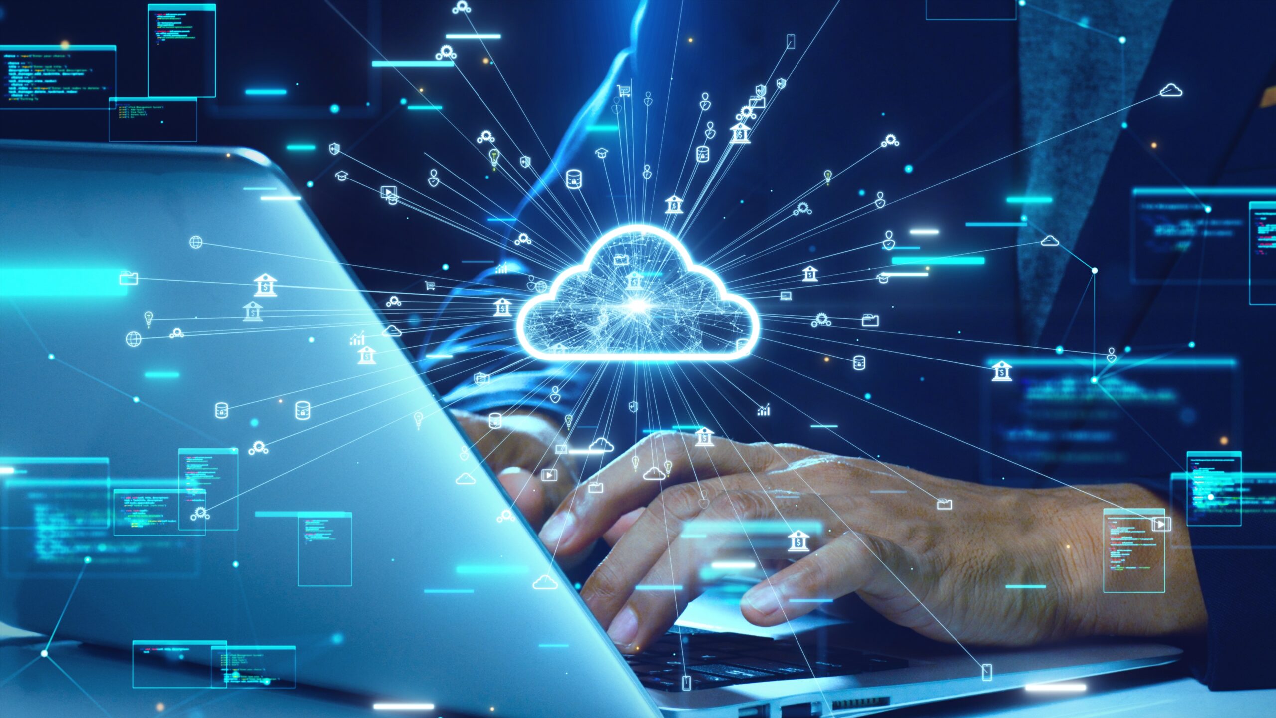 Healthcare managed cloud services platform displaying secure cloud infrastructure, data connectivity, cybersecurity monitoring, and cloud operations supporting HIPAA and HITRUST compliance.