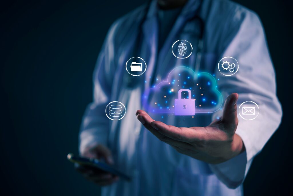 Healthcare MSP vs. Generic MSP comparison concept showing a healthcare professional managing secure cloud infrastructure, healthcare data protection, HIPAA compliance, and cloud security controls for regulated healthcare environments.
